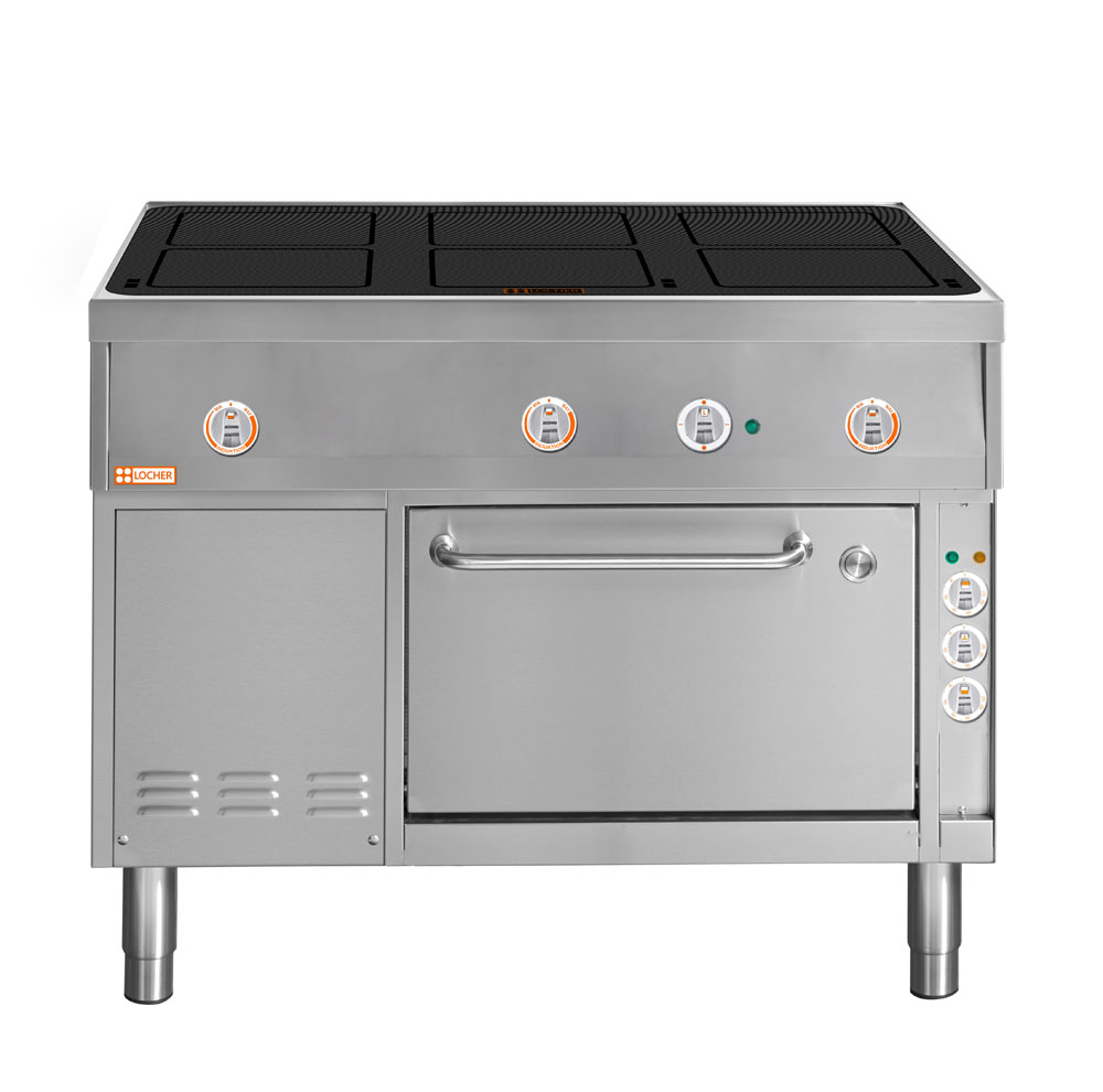 LOCHER 290211 ﻿Induktionsherd, 6 Kochstellen á 5 kW - und Brat- und Backofen GN 1 1/2 mit Uml