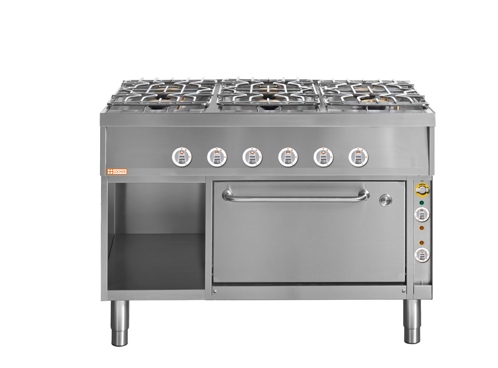 LOCHER 227104 Gasherd, 6 Kochstellen - und Elektro-Bratofen GN 1 1/2 mit Ober-/Unterhitze