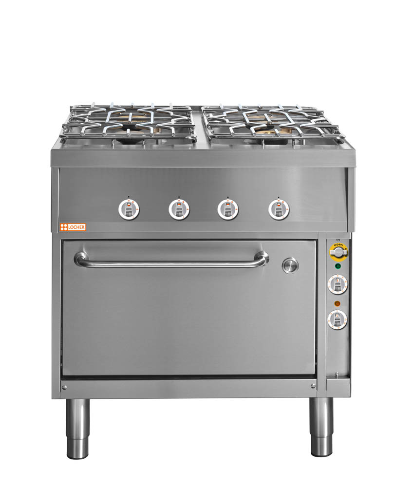 LOCHER Gasherd, 4 Kochstellen 18 kW 216003 und Elektro-Multifunktionsbackofen GN 1/1 by BERNER Kochy