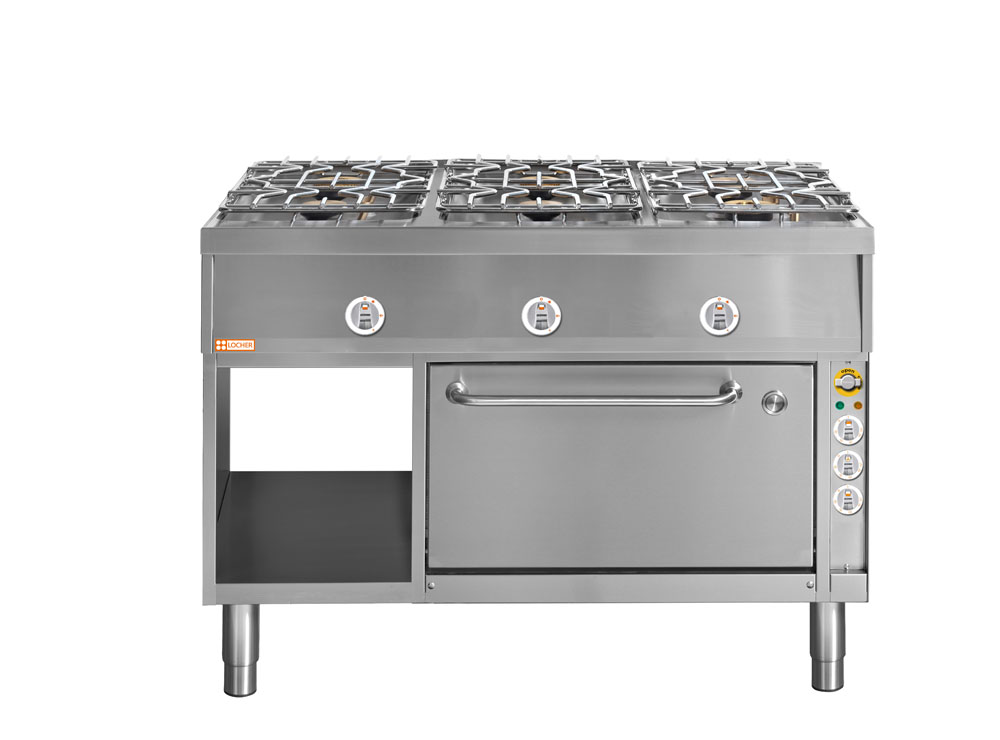 LOCHER 290008 Gasherd, 6 Kochstellen - und Elektro-Brat- und Backofen GN 1 1/2 mit Umluft