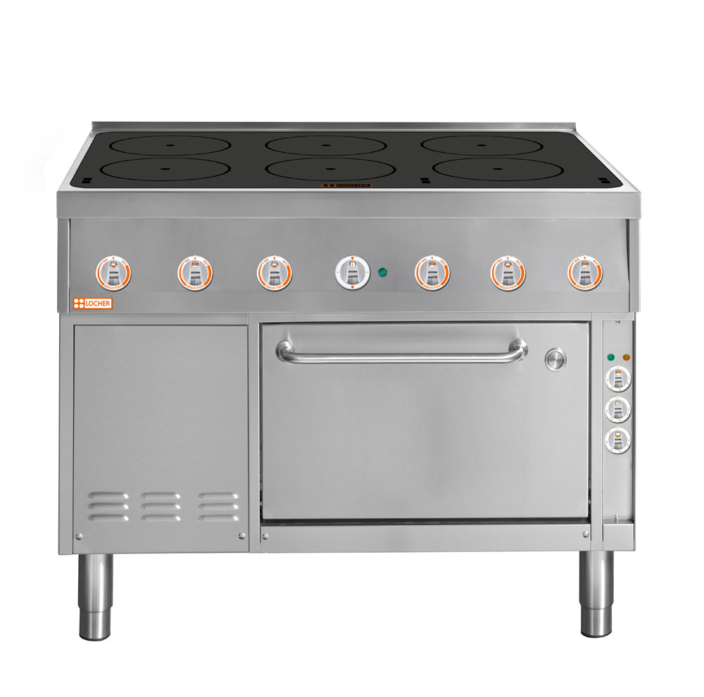 LOCHER 227211 Induktionsherd, 6 Kochstellen á 5 kW - mit Brat- und Backofen GN 1/1+ mit Umluf
